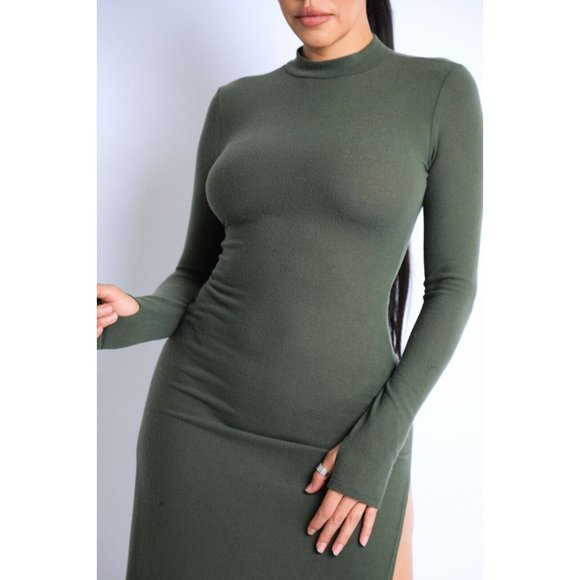 Dresses & Skirts - Women's Hacci Mock Neck Long Sleeves Double Slits Maxi Dress Olive S M L